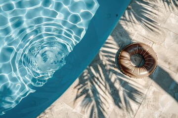 Swimming pool top view background. Water ring and palm shadow on travertine stone