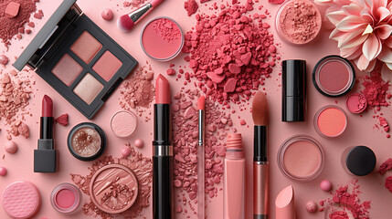 An assortment of decorative cosmetics on a pink background top view. Blush, shadows, lipsticks on a pink flat lay background.