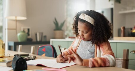 Fototapete - Girl, math homework and book in kitchen for learn with child development or responsible for growth. Time management, critical thinking or initiative with discipline or learning for school with notes.
