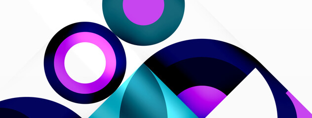 Aufkleber - A vibrant composition of colorful circles and triangles in shades of purple, violet, aqua, magenta, and electric blue on a white background, creating an artistic and mesmerizing pattern
