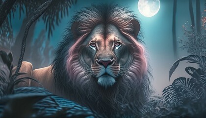 Wall Mural - A Portrait of a male lion in the night 