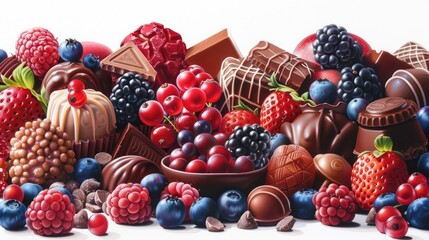 Wall Mural - A tempting assortment of chocolates candies and sweets adorned with juicy berries showcased against a crisp white backdrop to celebrate World Chocolate Day in this delectable food illustrat