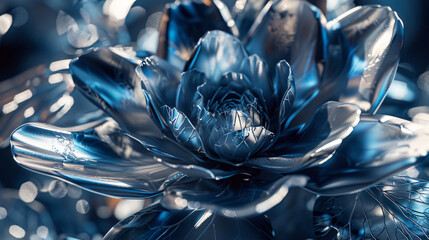 Poster - Deep Blue and Silver Floral Bloom, Metallic Petals, Minimalistic Background. An Elegant Choice for Formal Occasions, with Copy Space Text, Perfect for Interior Decor and Invitation Cards