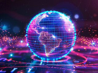 Poster - Digital Globe with Blue and Purple Glow. Pointed Surface Structure showcases the Continents of South America and North America. Sci-fi Design Background, for Future Tech Events. Detailed Map Structure