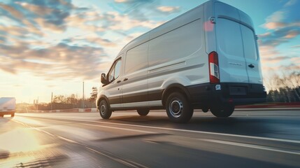 Wall Mural - a white transit during a drive close to the camera