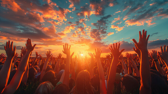 Hands to heaven, group of people with their hands up looking at the sunset,generative ai