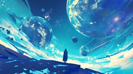 Digital technology universe planet character scene poster background