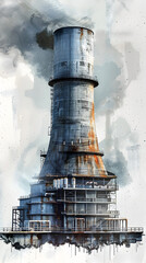 Poster - Detailed Rendering of Industrial Power Plant with Smoking Chimneys and Towering Infrastructure