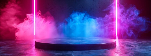 Wall Mural - 3d rendering of an empty podium surrounded by neon lights and smoke in dark room background. Scene for product display presentation