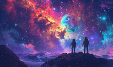 Two Astronauts On A Hill Under A Vibrant Galaxy. Generate AI