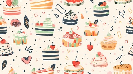 A delightful array of colorful illustrated desserts on a cute patterned background