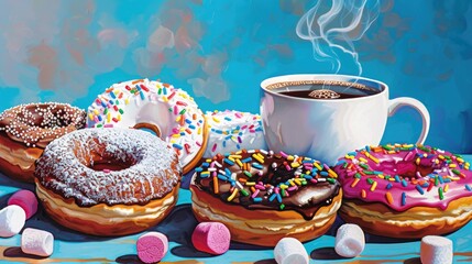 Wall Mural - Celebrate National Donut Day with a delightful array of chocolate marshmallow and sugar sprinkle donuts paired with a steaming cup of coffee set against a vibrant blue backdrop This colorful