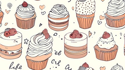 A delightful array of illustrated cupcakes and hearts