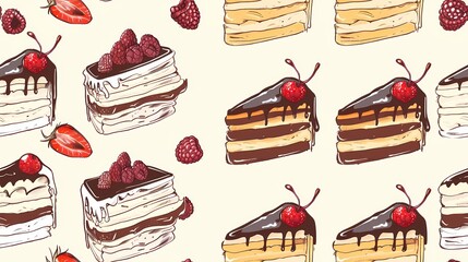 A delightful array of illustrated layered cakes with fruity toppings