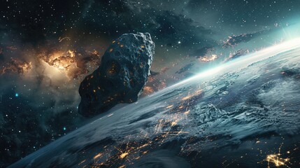Wall Mural - an imposing asteroid is approaching earth depicted in a striking 3d rendering standing out as a soli