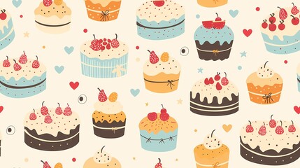 Wall Mural - A delightful pattern of whimsical assorted cakes and sweets