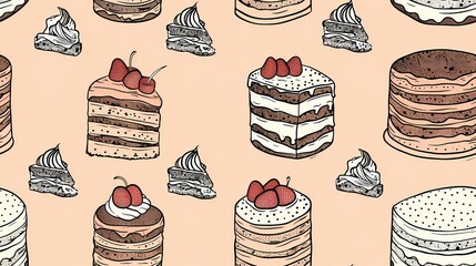 Wall Mural - A pattern of illustrated cakes and pastries on a peach background