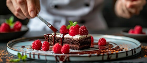 The chef meticulously plates a dessert with intricate chocolate design, using tweezers under high contrast lighting