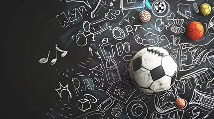 Fototapete - Soccer ball in goal is in net in white color. Generative AI. high quality illustration,Soccer ball drawn on chalkboard. White chalk and balckboard,Traditional soccer game with a leather ball
