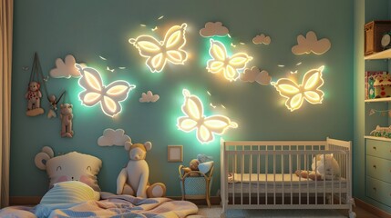 Wall Mural -  A cozy corner nursery featuring a round crib with soft lilac bedding, surrounded by lavender walls and silver glowing small butterflies  on wall  decals