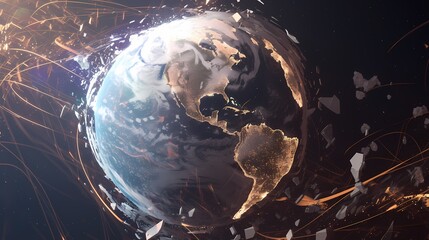 digital technology orange and black rotating planet poster background