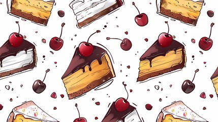 Wall Mural - Assorted cake slices and cherries scattered in a sweet pattern