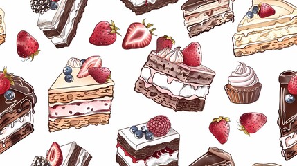 Wall Mural - Assorted delicious cakes and berries pattern