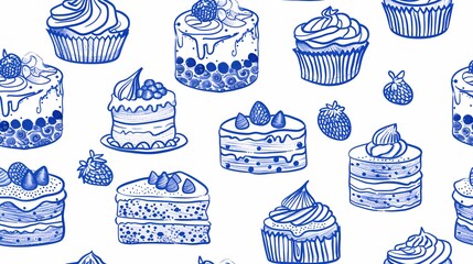 Wall Mural - Blue ink illustrations of delicious cakes and cupcakes