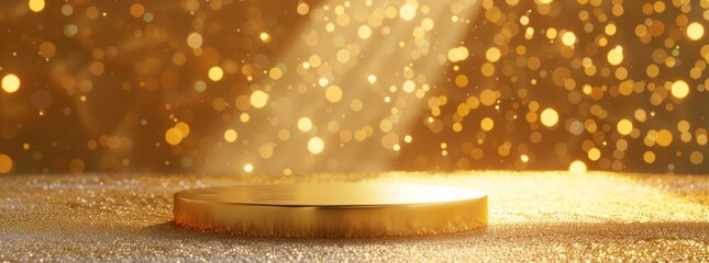 Poster - Gold podium on glitter background with golden light effect. Mockup for product presentation, luxury gold award pedestal mock up