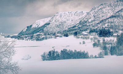 Wall Mural - gloomy morning scene of justad village on vestvagoy island. majestic winter view of lofoten islands,