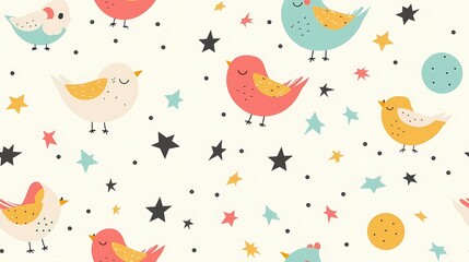 Wall Mural - Colorful birds and stars on a whimsical patterned background