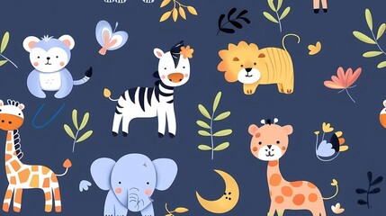  Colorful illustration of cute jungle animals and plants on a dark background