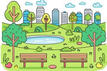 Wall Mural - Cartoon cute doodles of a minimalist city park scene featuring basic shapes representing benches, trees, and a pond, Generative AI