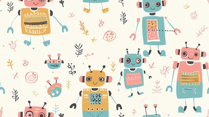 Canvas Print - Colorful robots in a whimsical pattern