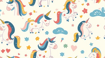 Wall Mural - Colorful unicorns and stars pattern on a light background