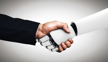 Poster - mlp 3d illustration humanoid robot handshake to collaborate future technology development by ai thin