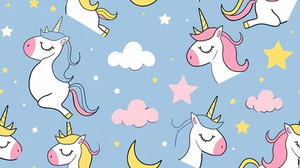 Wall Mural - Whimsical unicorns and stars on a pastel sky background