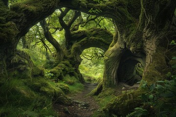 An enchanted forest grove with ancient trees and hidden fairy dwellings