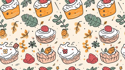 Wall Mural - Delightful pattern of cakes and berries with a sprinkle of nature s charm