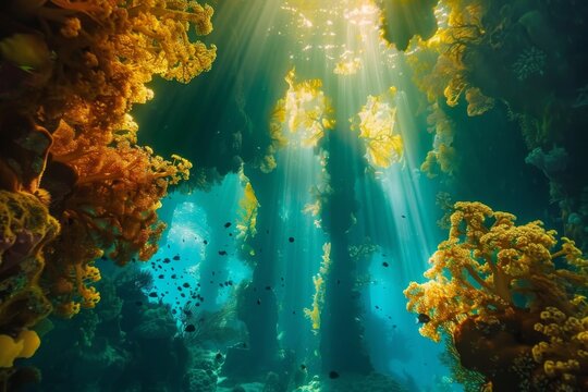 An ethereal underwater cathedral with sunlight streaming through stained glass-like coral formations