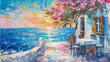 Painting of beach coffee shop near blue sea with flowers. Summer landscape. Vacation in Italy.