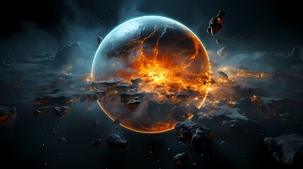 Digital blue and orange broken planet poster background