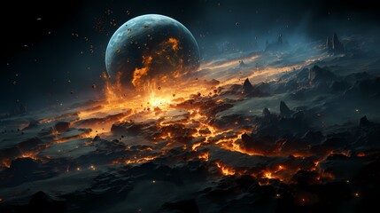 Digital blue and orange broken planet poster background