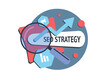 SEO strategy illustration with keyword research, on-page optimization, backlink building, meta tags, site speed, mobile optimization. Digital marketing and search engine optimization vector icon