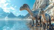 Parasaurolophus dinosaurs standing by calm blue lake surrounded by rocky mountains. Two adult dinosaurs and one baby dinosaur. Scene depicts prehistoric tranquility and majestic ancient creatures.