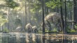 Group of Parasaurolophus dinosaurs walking through dense forest. Scene depicts peaceful coexistence of dinosaurs in their natural habitat, highlighting lush greenery and ancient forest atmosphere.