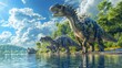 Large Parasaurolophus dinosaurs by water edge, surrounded by lush greenery and bright sky. majestic and calm interaction of dinosaurs nature, emphasizing prehistoric beauty and tranquility.
