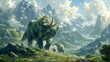 Large triceratops dinosaurs grazing in lush, mountainous terrain misty clouds. depicts harmony and tranquility of prehistoric creatures in natural habitat, rugged landscape and peaceful coexistence.