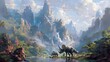 Triceratops dinosaurs in lush, vibrant landscape with towering mountains and cascading waterfalls. serene and majestic coexistence of prehistoric creatures, highlighting natural beauty and harmony..