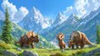 Triceratops grazing in lush mountainous landscape with snowy peaks under clear blue sky. Three dinosaurs horns and frills in peaceful setting, surrounded by pine trees, creating a prehistoric scene